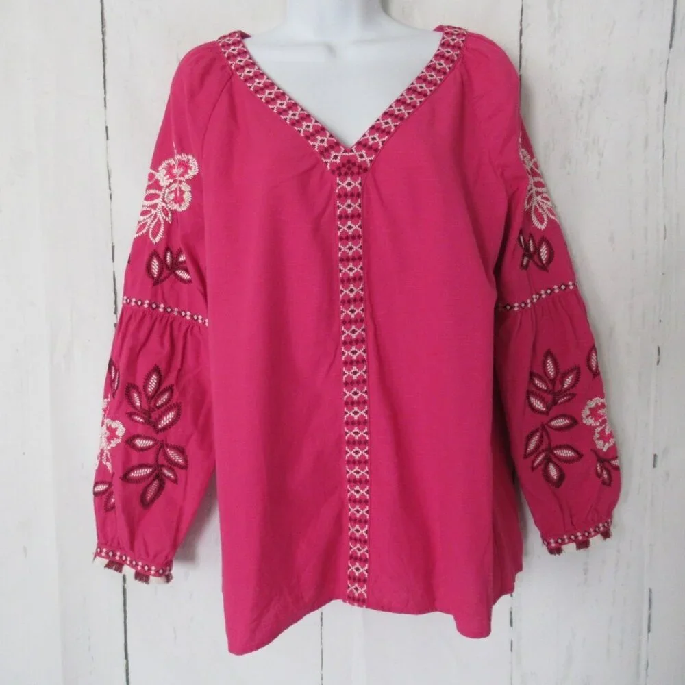 Tory Burch‎ Top 8 M Pink Embroidered Samarkand Tunic Boho Peasant Cruise Beach